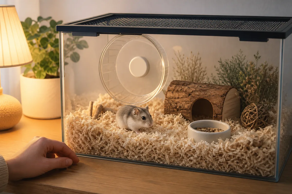 ケージの外から手を近づけずにハムスターの様子を見守る飼い主