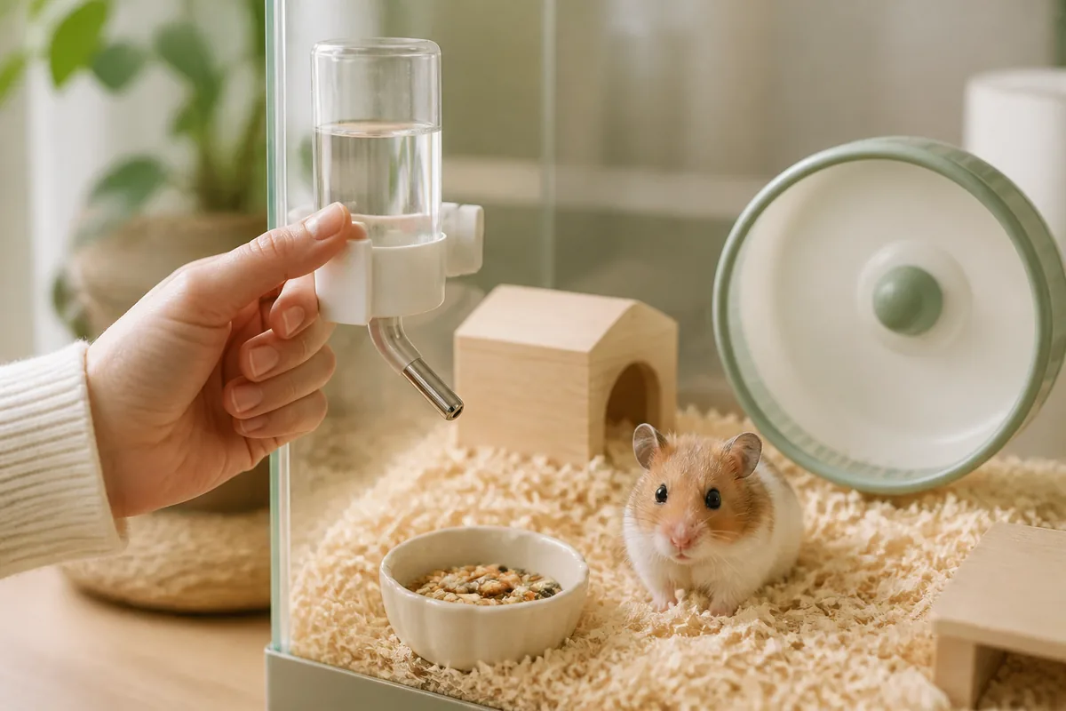 ハムスターのケージで給水器の固定と水の出方を確認する飼い主