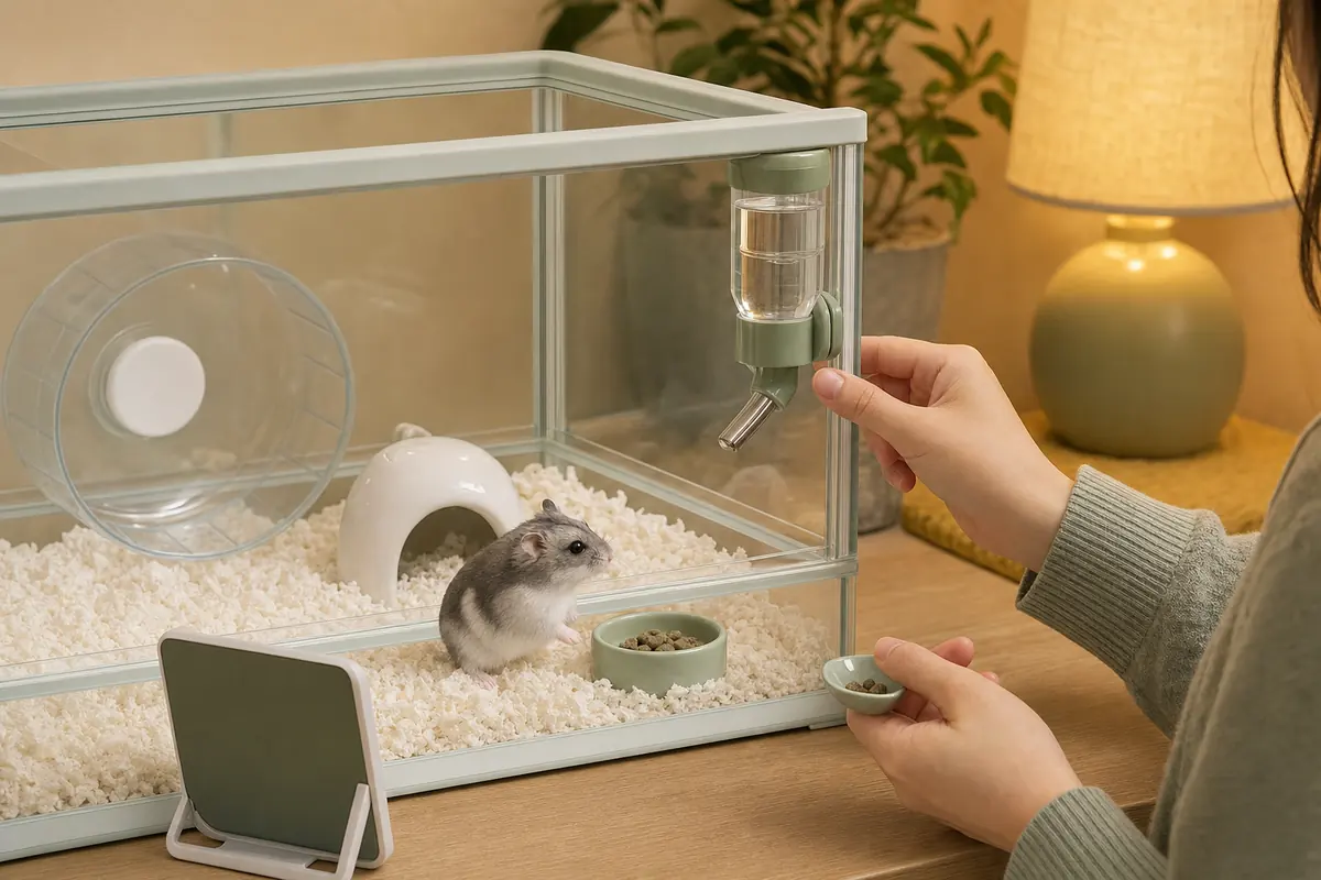 夕方にジャンガリアンハムスターの餌の量と給水器を確認する様子