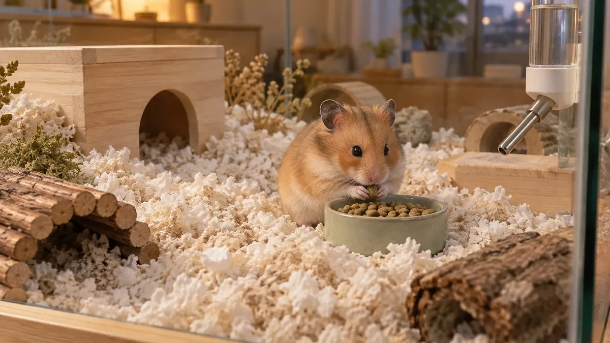 木製の隠れ家があるケージでペレットを食べるゴールデンハムスター