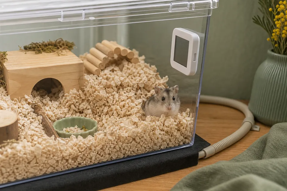 ケージの外に保護したコードを通し部分保温と温湿度計を確認するハムスターの飼育環境