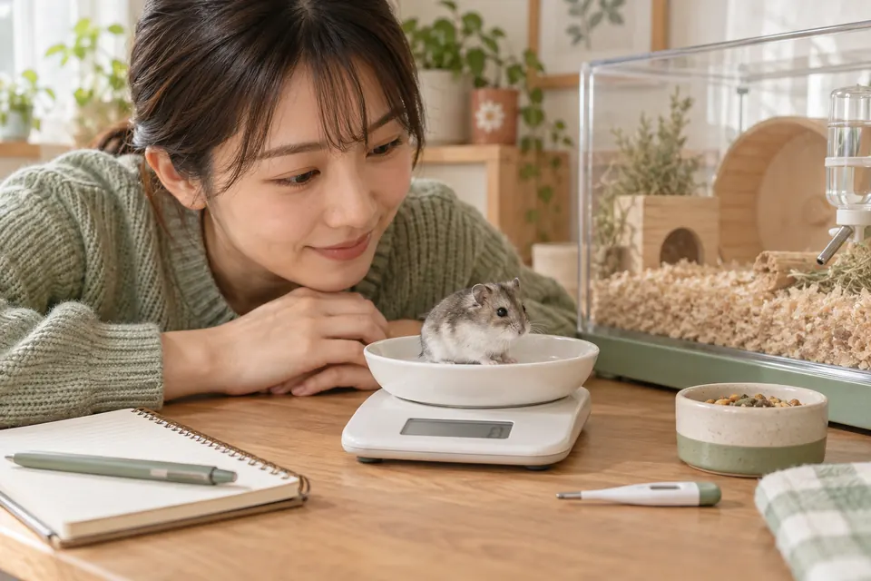ハムスターの体重を量りながら食事と温度を記録する飼い主