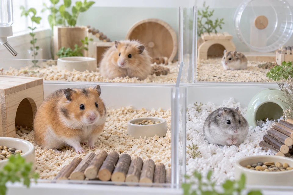 ゴールデン、キンクマ、ジャンガリアン、ロボロフスキーを別々のケージで比較した様子