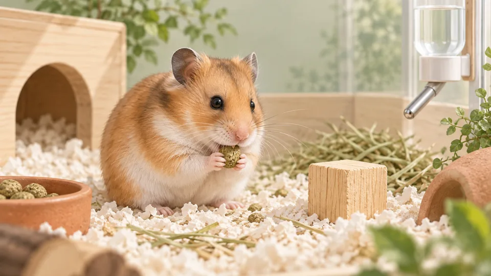 ペレットを食べるハムスターと未処理のかじり木を備えた清潔な飼育環境