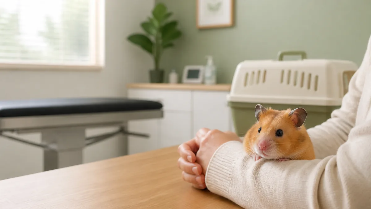 動物病院の診察室で飼い主の腕に乗るゴールデンハムスターとキャリーケース